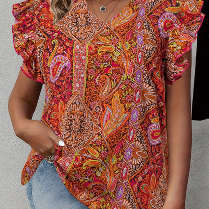 Plus Size Floral Blouse - Elegant V-Neckline, Ruffled Bell Sleeves, Relaxed Casual Fit - Perfect for Warm Weather, Designed for Plus Size Womens Summer Clothing