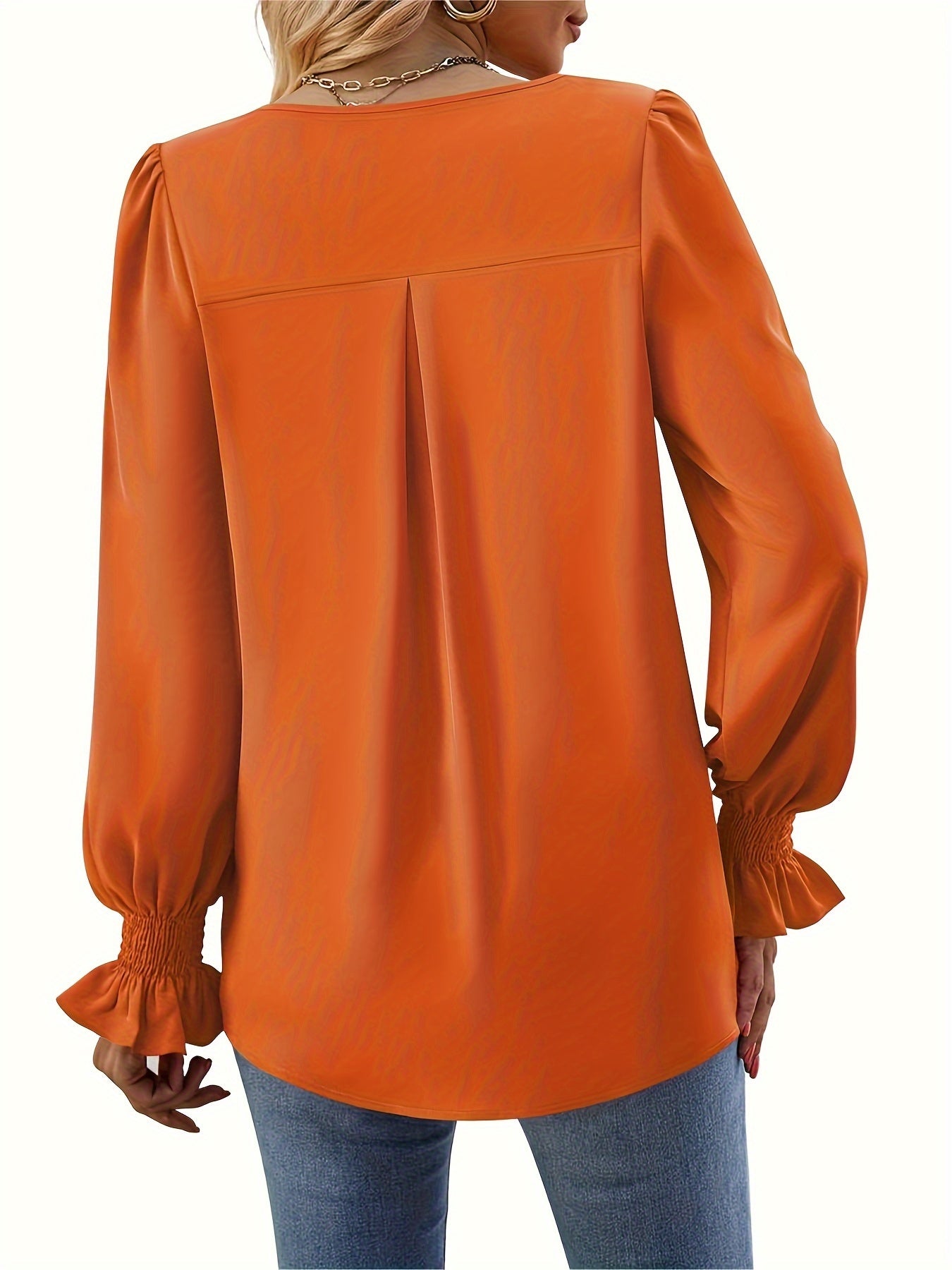 Plus Size Casual Blouse, Women's Plus Solid Shirred Flounce Sleeve V Neck Shirt Top