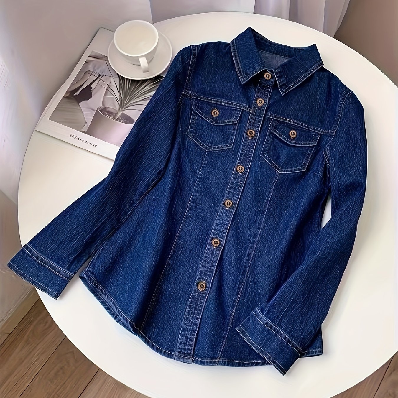 Classic Long Sleeve Denim Shirt - Casual Washed Blue, Button-Fly with Flap Pockets, Women's Everyday Comfortable Denim Apparel