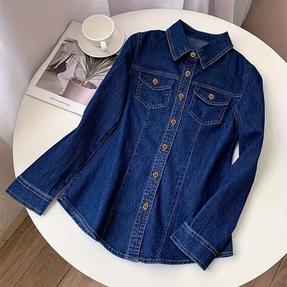 Classic Long Sleeve Denim Shirt - Casual Washed Blue, Button-Fly with Flap Pockets, Women's Everyday Comfortable Denim Apparel