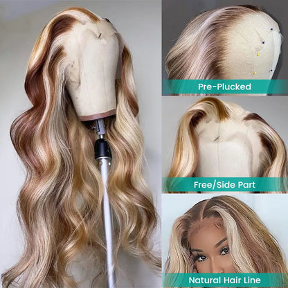 Peruvian Hair Blonde Highlight Lace Front Wig Body Wave 13X4 Lace Frontal Wigs Honey Blonde Colored Synthetic Cosplay Wigs for Black Women