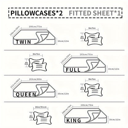 4pcs Luxurious Bamboo Leaf Print Fitted Sheet Set - Soft, Breathable, Comfortable, Hypoallergenic Bedding for Bedroom, Guest Room - 1 Flat Sheet, 1 Fitted Sheet, 2 Pillowcases, No Core Included, Easy Care, Wrinkle-Resistant, and Fade-Proof