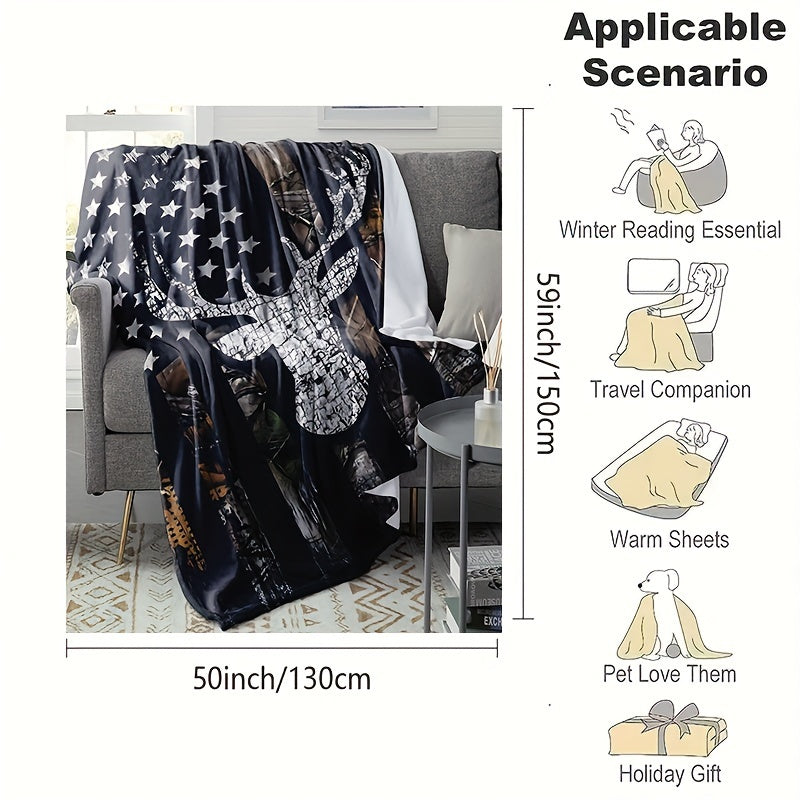 1pc Soft & Cozy Flannel Blanket - American Flag Deer Head Pattern, Warm and Comfortable for Sofa, Bed, Office - Perfect Christmas, Halloween Gift or Everyday Use