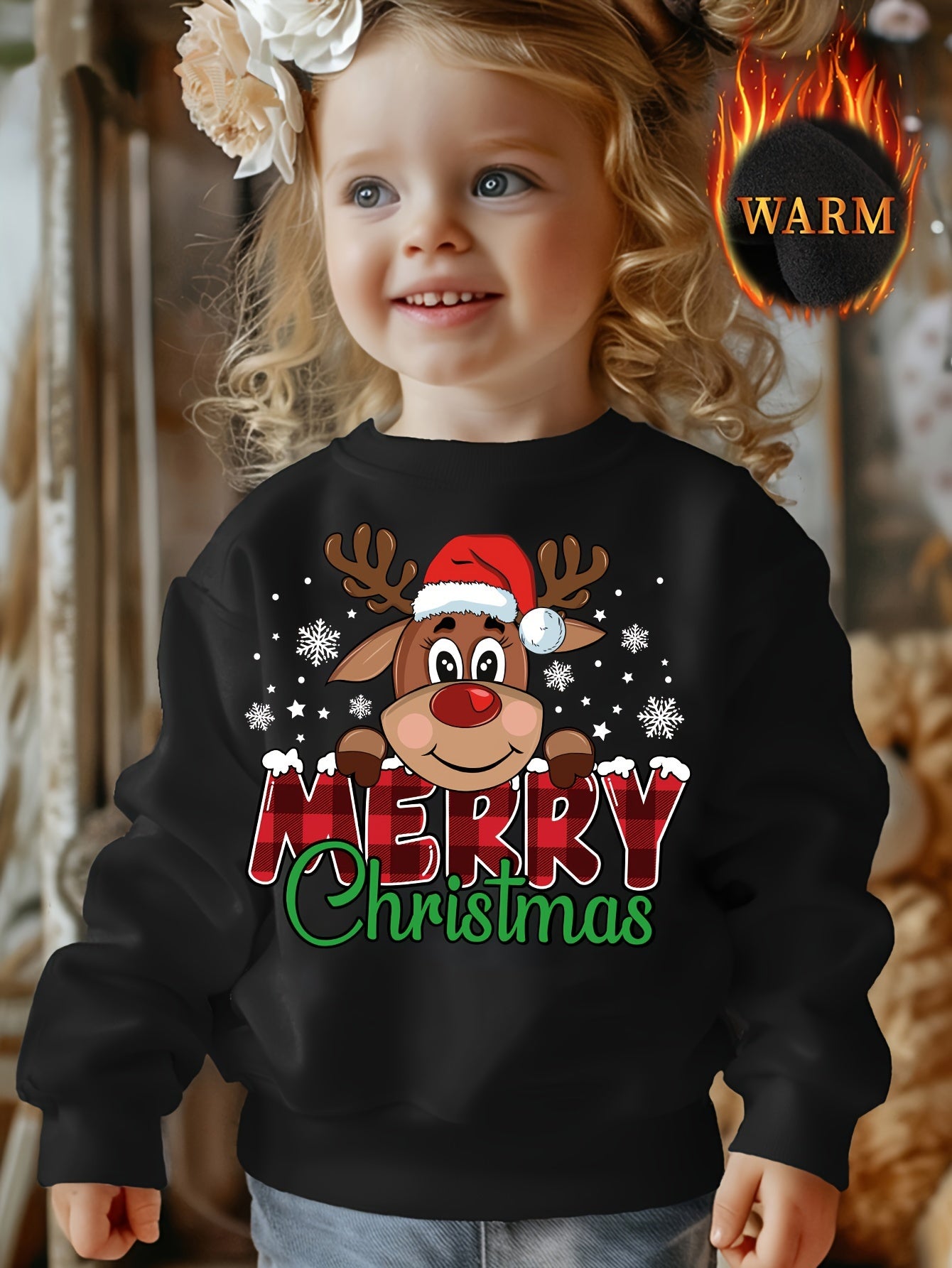 Girls Fleece Warm Sweatshirt Merry Christmas Letter Print Super Cute Elk Pattern Casual Long Sleeve Pullover Tops for Autumn And Winter