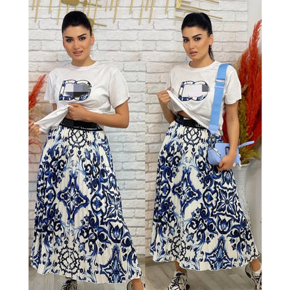 Designer Pleated Two Piece Dress Women Casual Short Sleeve T-shirt and Long Skirt Sets Free Ship