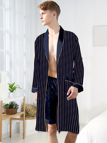 Ultra-Soft Mens Striped Loungewear Robe with Convenient Pockets - Effortless Lace-Up Closure for Cozy Nighttime Wear - Stylish One-Piece Pajamas