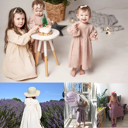 Girl's Dresses Autumn Spring Children's Clothing Organic cotton Double Gauze Loose Pocket Baby Girls Dress Fashion Princess Casual Children's Dress 230407