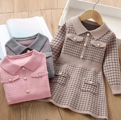 Spring Autumn Baby Girls Princess Dress Kids Knitted Turn-Down Collar Dresses Children Long Sleeve Dress With Pockets