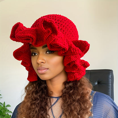 Chic Multicolor Crochet Ruffle Bucket Hat for Women & Men - Warm Knit Fisherman Cap with Elastic Fit, Lightweight & Stylish