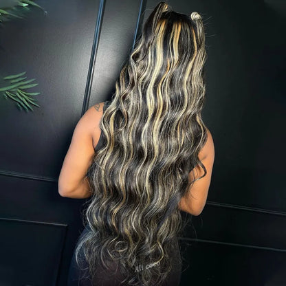 34 Inch Peruvian Hair Honey Blonde Wig 1B 27 Highlight Body Wave Lace Front Wigs Synthetic 13x4 Lace Frontal Wigs Preplucked For Women