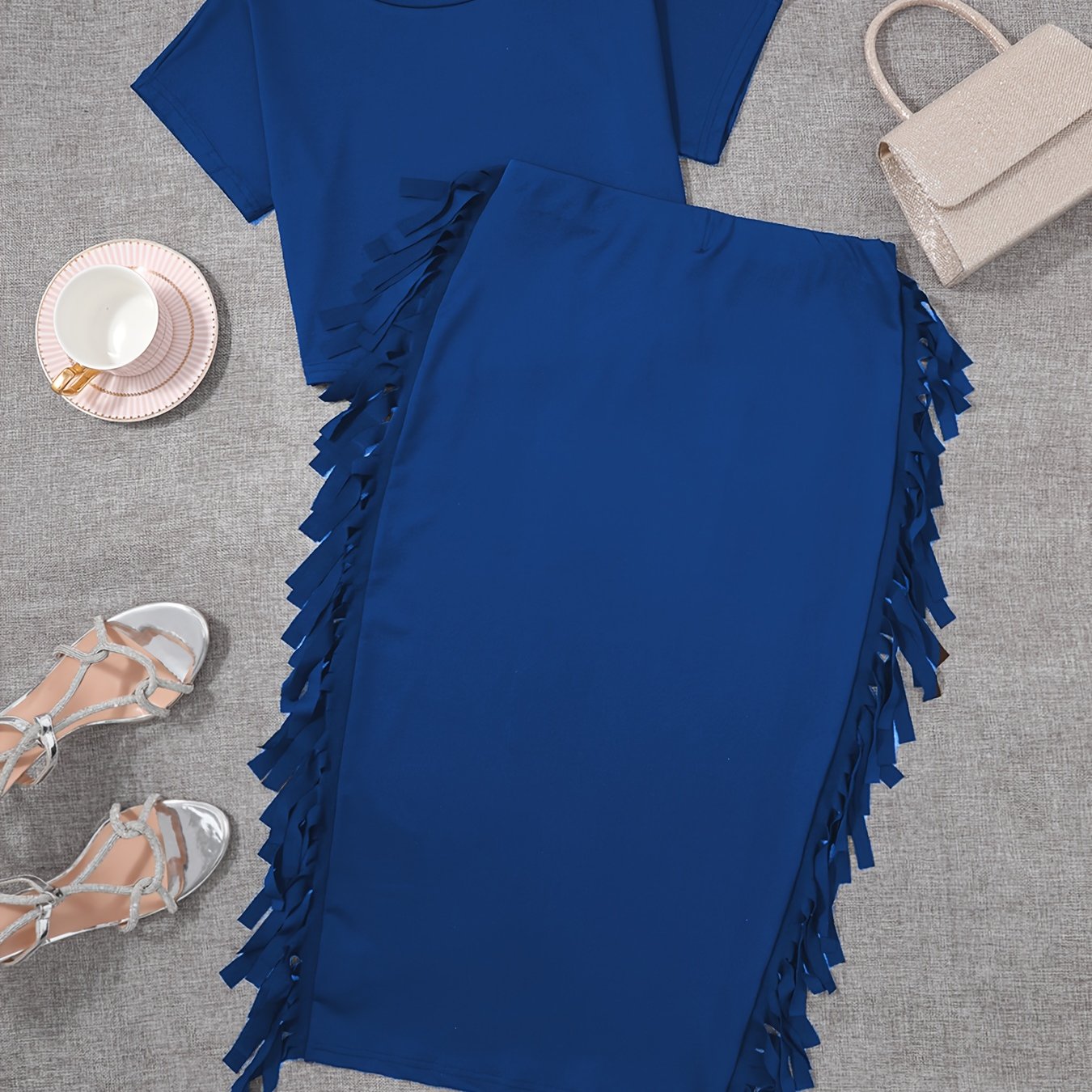 Tassel Embellished Crew Neck Short Sleeve Top & High Waist Slim Fit Skirt Set - Polyester Fabric, High Elasticity, Solid Color, No Printing, Young Stylish Design - Ideal for All Seasons