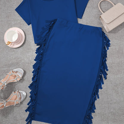 Tassel Embellished Crew Neck Short Sleeve Top & High Waist Slim Fit Skirt Set - Polyester Fabric, High Elasticity, Solid Color, No Printing, Young Stylish Design - Ideal for All Seasons