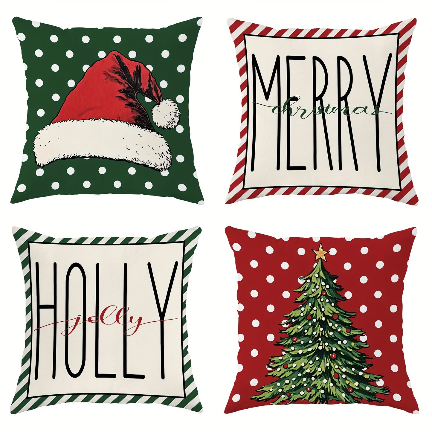 4-Pack 18x18 inches Velvet Christmas Throw Pillow Covers, Soft Decorative Cushion Cases with Santa Hat & Tree Design, Contemporary Farmhouse Style, Zippered, Machine Washable for Living Room Sofa Bed Decor
