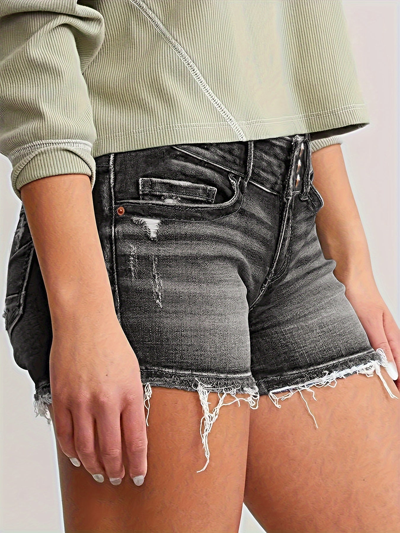 High-Stretch Ripped Raw Hem Single-Breasted Denim Shorts - Button Front, Solid Color, Distressed Washed Blue, Sexy Style, Customized, Spring/Summer Fashion - Womens Denim Jeans & Clothing