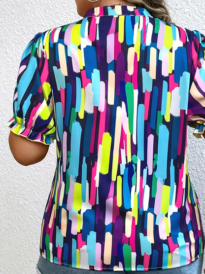 Plus Size Elegant Blouse with Notched Neck & Color Block Design – Short Sleeve Comfort for Stylish Spring & Summer Wear, Ideal for Curvy Women's Fashion