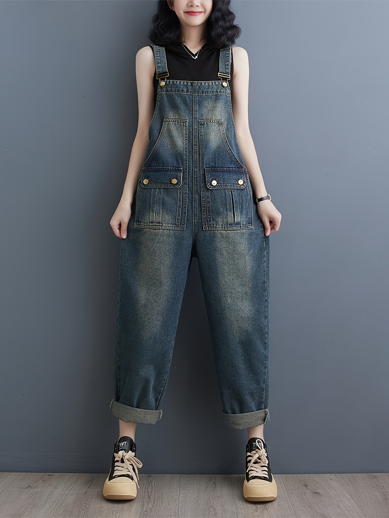 Women's Casual Distressed Denim Overalls, Loose Fit Adjustable Denim Jumpsuit With Pockets