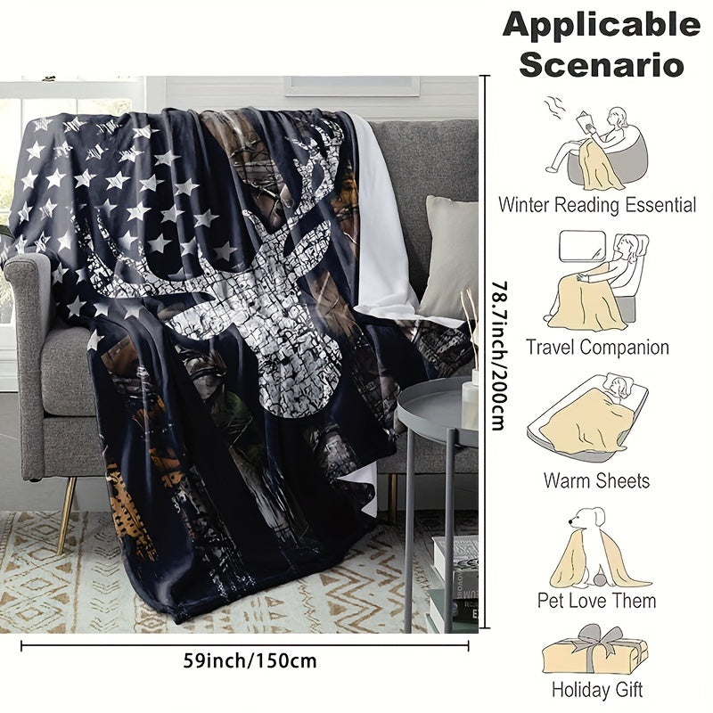 1pc Soft & Cozy Flannel Blanket - American Flag Deer Head Pattern, Warm and Comfortable for Sofa, Bed, Office - Perfect Christmas, Halloween Gift or Everyday Use