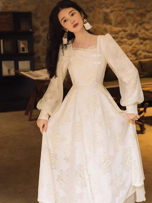 flowersverse Back to school  Autumn Mesh Lace Fairy Dress Chic Vintage Embroidery Lantern Sleeve Princess Dresses For Elegant Woman Date Party Vestido Festa