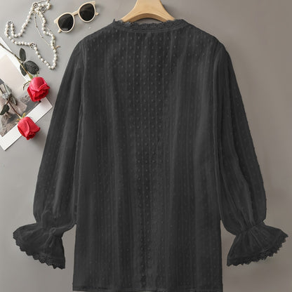 Plus Size Blouse - Delicate Polka Dot Lace Trim, Flowing Long Sleeves, Stylish Open Front Design, Elegant and Sophisticated - Ideal for Spring, Plus Size Womens Clothing