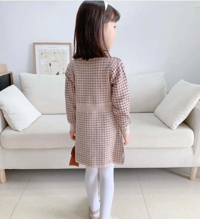 Spring Autumn Baby Girls Princess Dress Kids Knitted Turn-Down Collar Dresses Children Long Sleeve Dress With Pockets