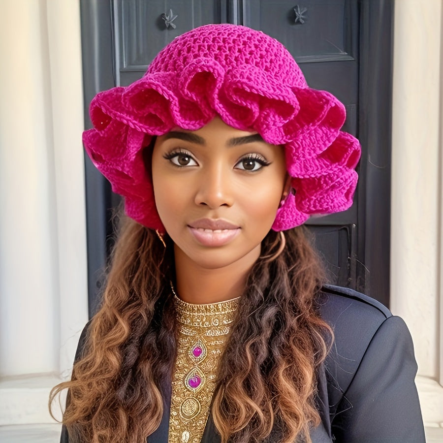Chic Multicolor Crochet Ruffle Bucket Hat for Women & Men - Warm Knit Fisherman Cap with Elastic Fit, Lightweight & Stylish