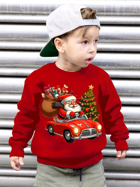 Boys' Cozy Fleece-Lined Christmas Sweatshirt with Santa & Car Print - Casual Long Sleeve Pullover for Fall/Winter