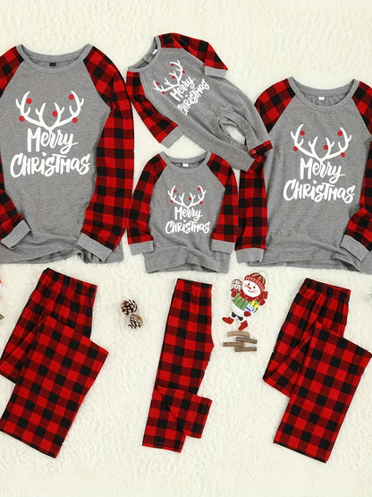 PatPat Christmas Family Matching Merry Antler Graphic Letter Print Plaid Design Crew Neck Round Neck Long*Sleeve Sets (Flame Resistant) For Spring & Autumn/Fall & Winter