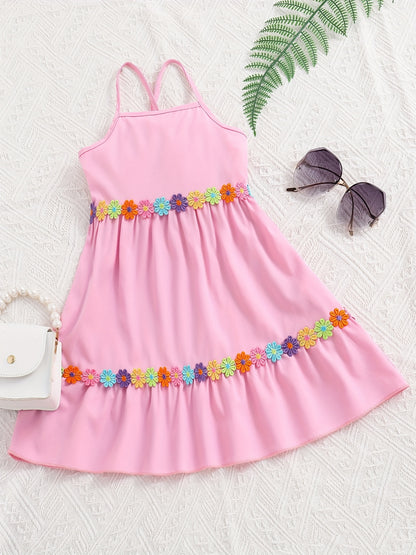 Toddler Girls Flowers Applique Ruffled Hem Cami Princess Dress For Party Beach Vacation Kids Summer Clothes