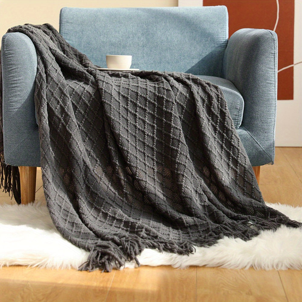 1pc Soft and Cozy Knitted Throw Blanket with Tassel for Couch and Bed - Perfect for Comfort and Style