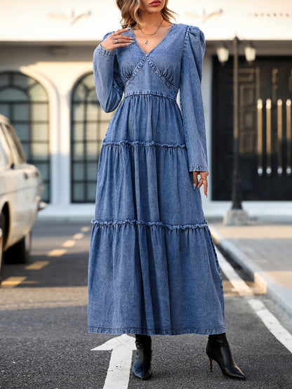 Flattering Long Sleeve Denim Dress with Chic V Neck & Ruffle Hem - Premium Womens Wardrobe Staple