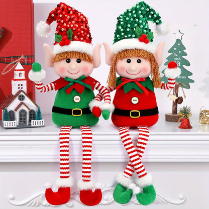 2pcs Festive Christmas Elf Plush Dolls, Long Legged Elf Figurines, Polyester Tabletop Decor, Non-Electric Holiday Accents for Seasonal Display