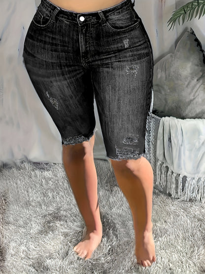 Distressed Bermuda Denim Shorts - Womens Slim-Fit with Frayed Hem and Ripped Detailing - Versatile Casual Wear