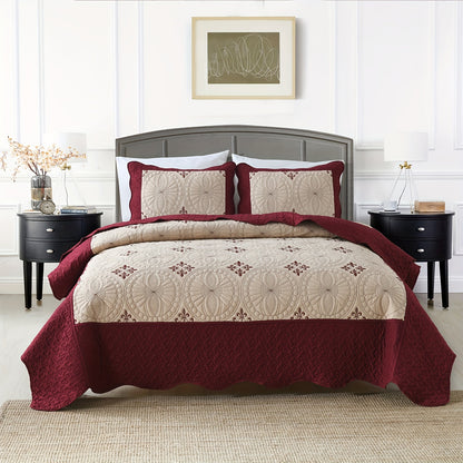 3pcs Red Embroidered Quilted Bedspread Set - Reversible, Soft, Breathable, Comfortable, and Machine Washable - Flower Pattern for Summer, Ideal for Bedroom and Dorm Room