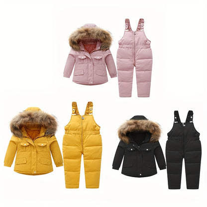 2Pcs Toddler Boys Girls Winter Snowsuit Hooded Down Jacket Coat + Snow Bib Pants Kids Windproof Skiing Suit Snow Clothes 1-5T