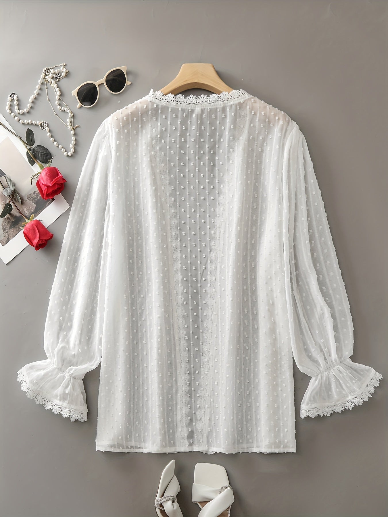 Plus Size Blouse - Delicate Polka Dot Lace Trim, Flowing Long Sleeves, Stylish Open Front Design, Elegant and Sophisticated - Ideal for Spring, Plus Size Womens Clothing