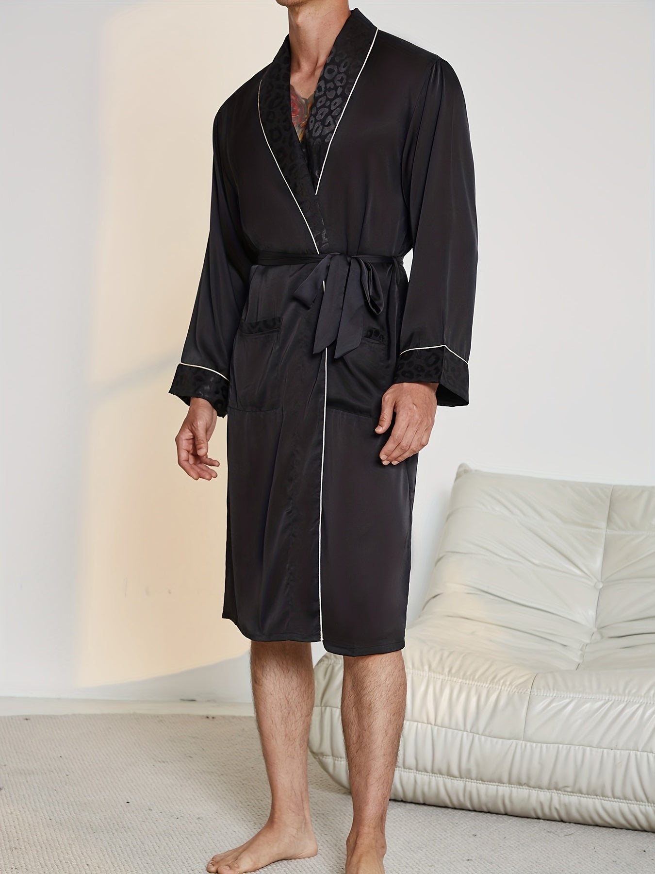 Men's Long Sleeve Bathrobe With Dark Leopard Print, Sleepwear For Spring And Summer