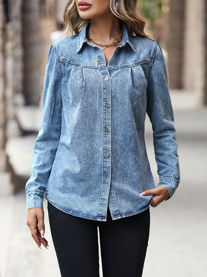 Chic & Elegant Pleated Denim Top: Comfortable, Easy-Maintenance, Perfect for Women's Daily Wear, Spring/Fall