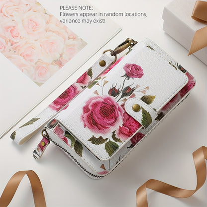 JIMI Elegant Floral PU Leather Clutch - Secure, Large Capacity Multi-Card Holder & Phone Wallet in Casual White