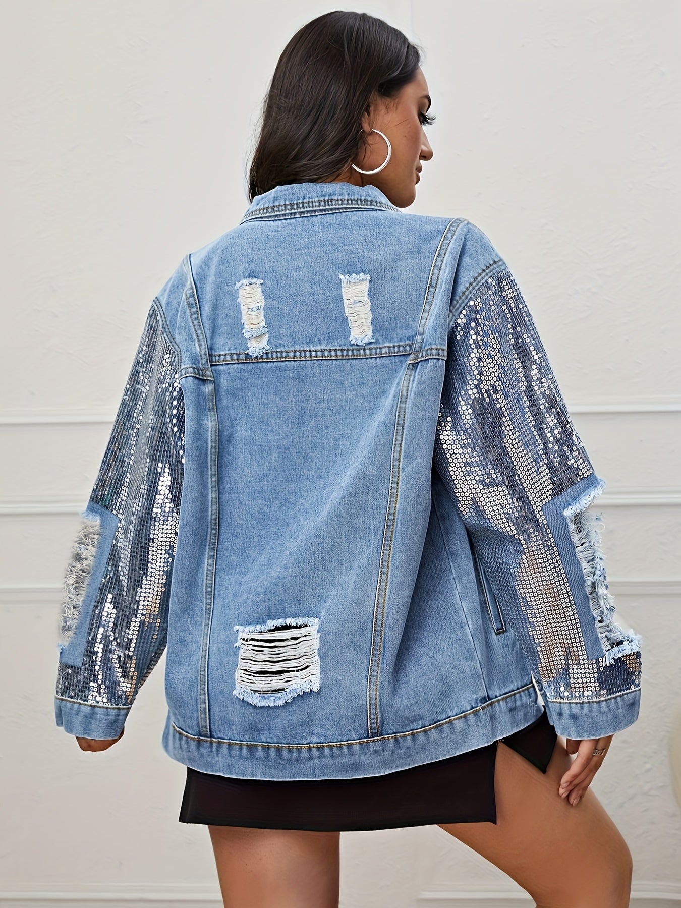 Shimmering Sequin Denim Jacket - Oversized, Ripped & Distressed - Long Sleeve with Flap Pockets - Loose Fit Womens Coat - Ideal for Carnaval Music Festivals