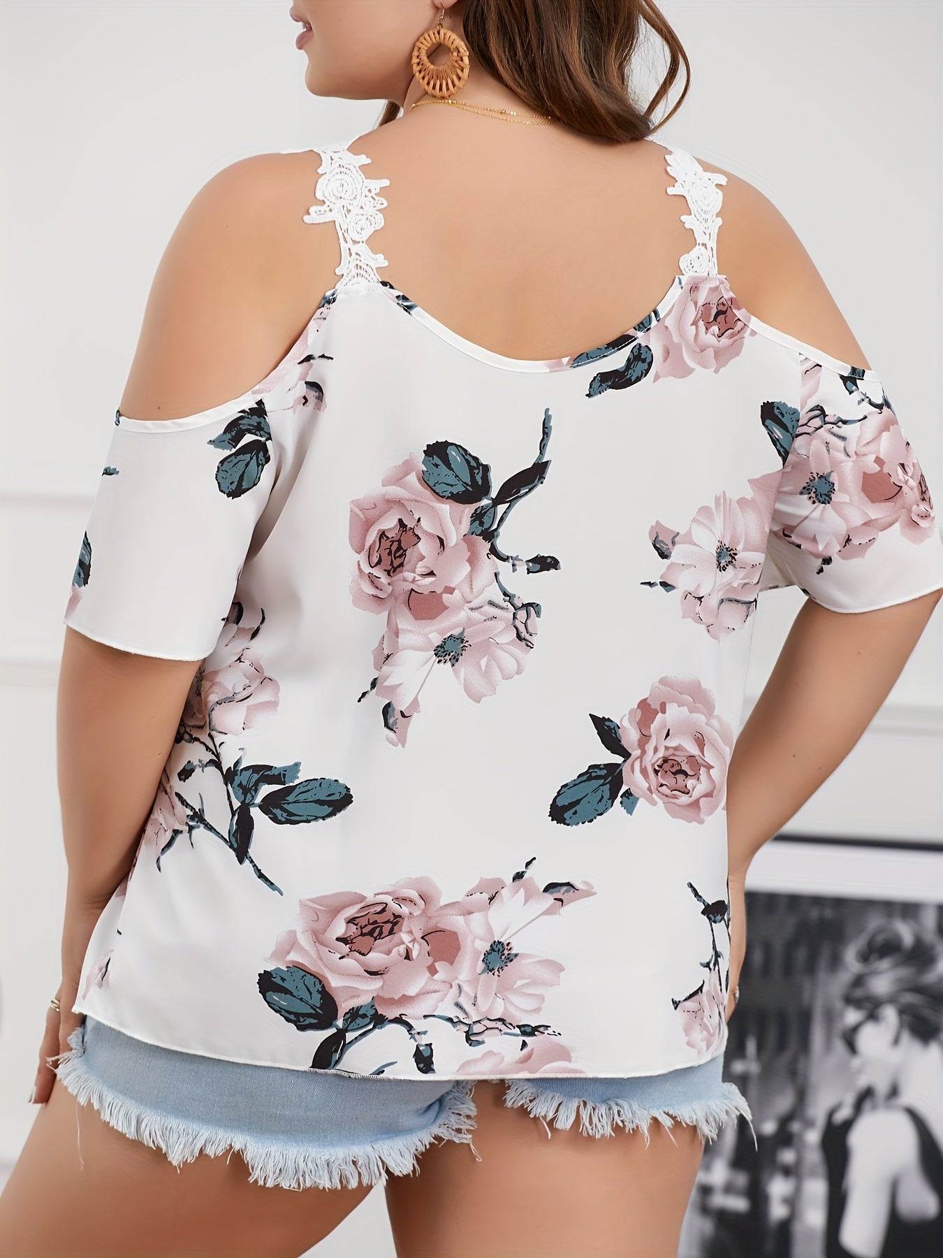 Plus Size Elegant V Neck Floral Print Blouse - Chic Guipure Lace Details, Slight Stretch Polyester Fabric, Perfect for Spring and Summer Vacation - Womens Stylish Shirting