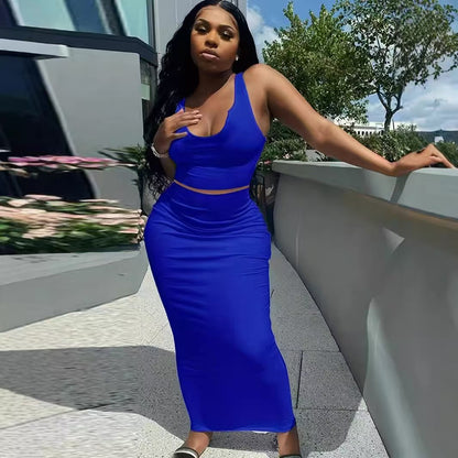flowersverse Plus Size Women Solid Top and Slit Sexy Skirt Two-Piece Set