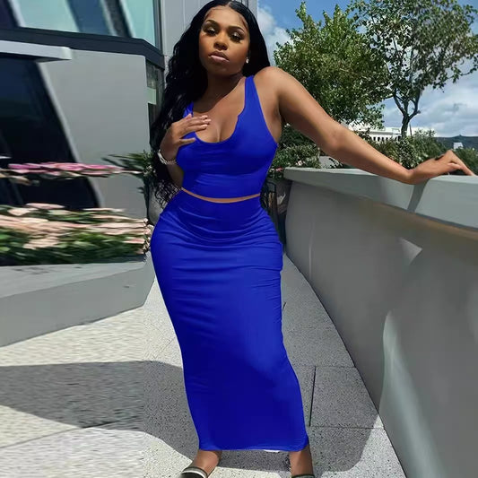 flowersverse Plus Size Women Solid Top and Slit Sexy Skirt Two-Piece Set