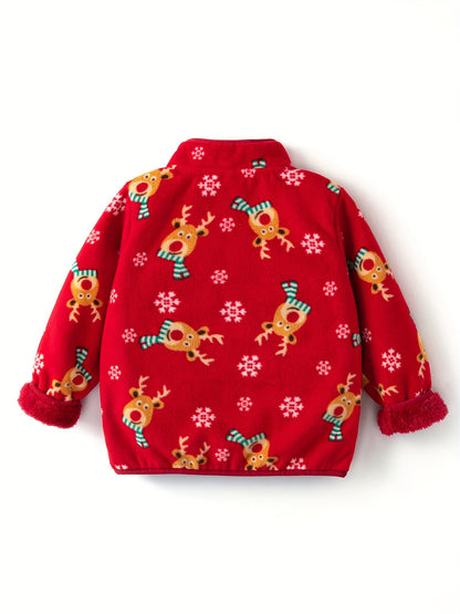 Cozy Boy's Reindeer Pattern Fleece Jacket, Warm Zip-Up Stand Collar Coat for Fall Winter Outdoor Adventures