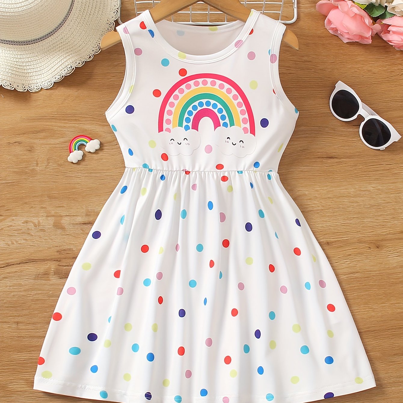 Girls Rainbow Charm - Vibrant Polka Dot Print Sleeveless Crew Neck Dress - Perfect Summer Fashion Gift for Little Princesses