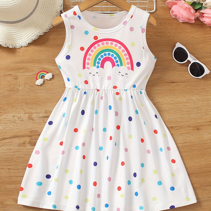 Girls Rainbow Charm - Vibrant Polka Dot Print Sleeveless Crew Neck Dress - Perfect Summer Fashion Gift for Little Princesses