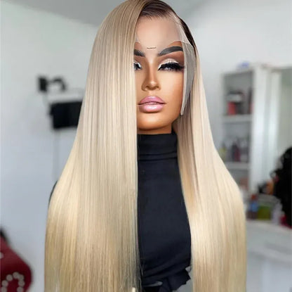 Brazilian Ombre Ash Blonde Lace Frontal Wig Lace Wigs for Black Girl Straight Simulation Human Hair Wig Preplucked HD Transparent Lace Lace Front Wig
