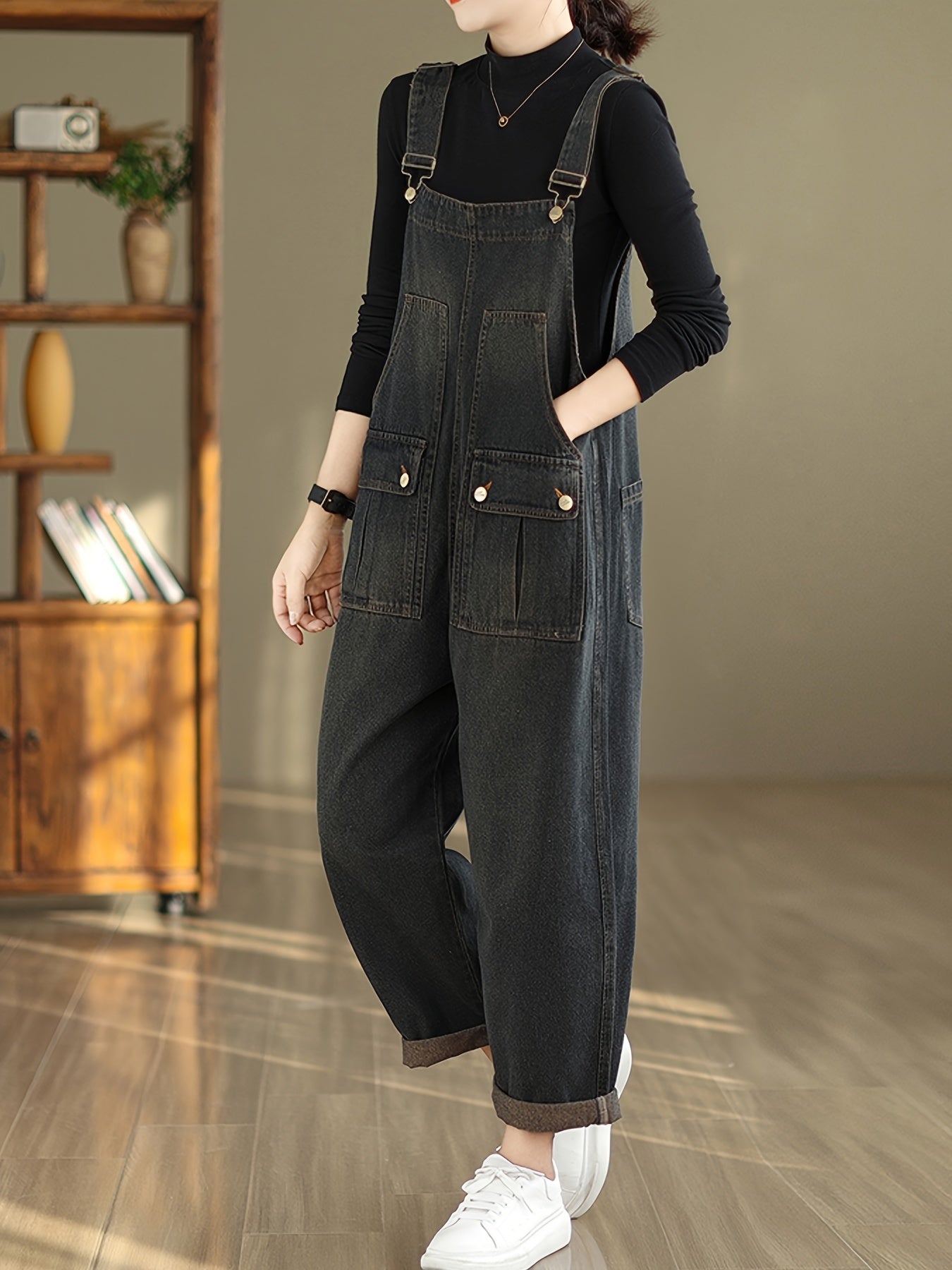 Women's Casual Distressed Denim Overalls, Loose Fit Adjustable Denim Jumpsuit With Pockets