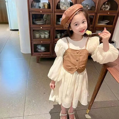 Girls Dresses Spring Autumn Baby Suits Girl Vest Long Sleeve 2piece Kids Cute Princess Dress Children Chiffon Vestido 2 to10T 230217