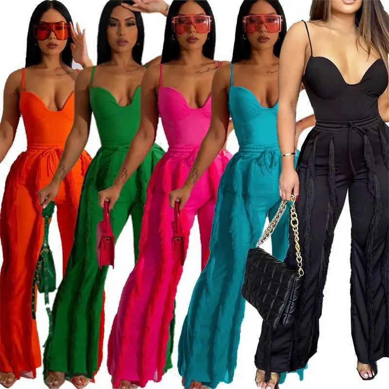 Womens Designer Tracksuit Pants Sexy Tow Piece Set  New Ladies Solid Color Sling Sleeveless Top Tassel Loosetrousers Suit