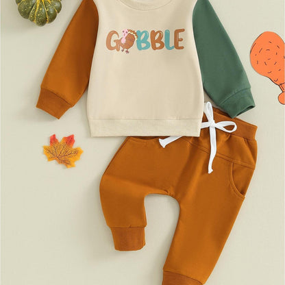 Toddler Boy Thanksgiving 2Pcs Warm Outfit Letter Print Long Sleeve Pullover and Elastic Waist Pants for Daily Wear